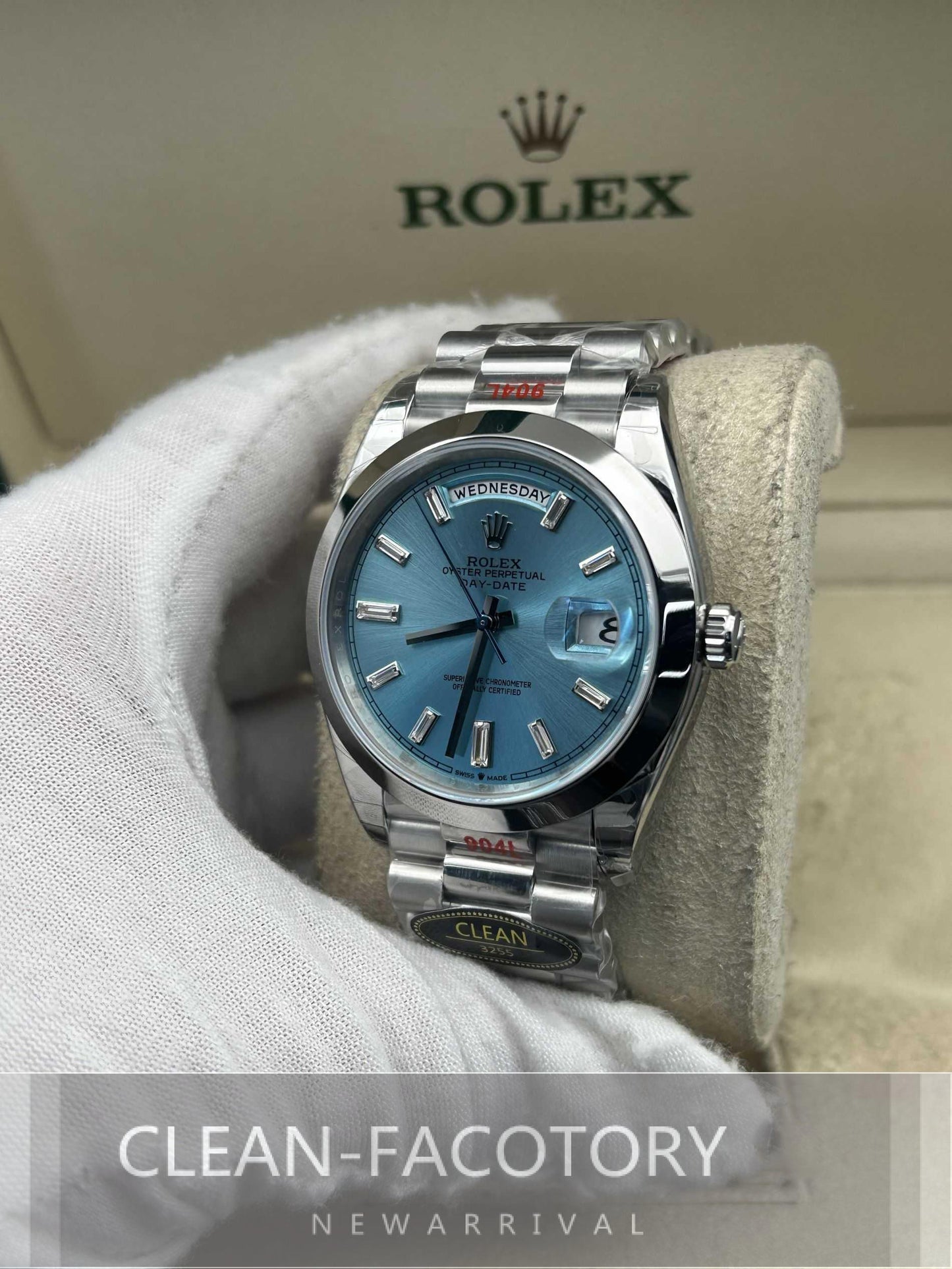 Day-Date 228206 40mm Ice Blue Dial Baguette Diamonds President Clean Factory