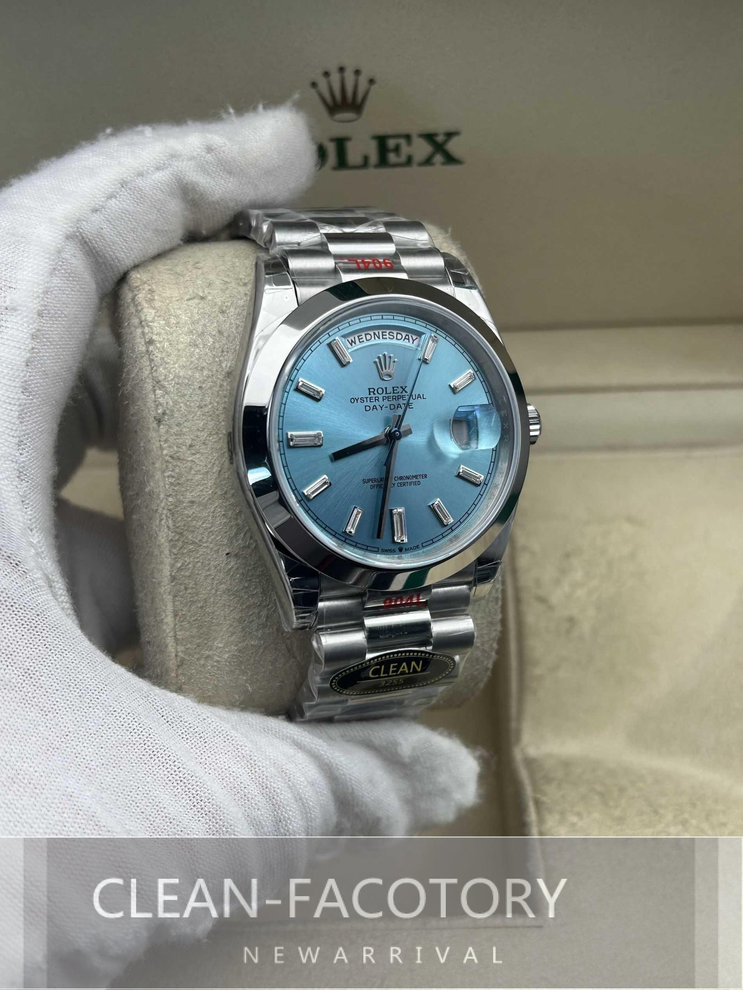 Day-Date 228206 40mm Ice Blue Dial Baguette Diamonds President Clean Factory