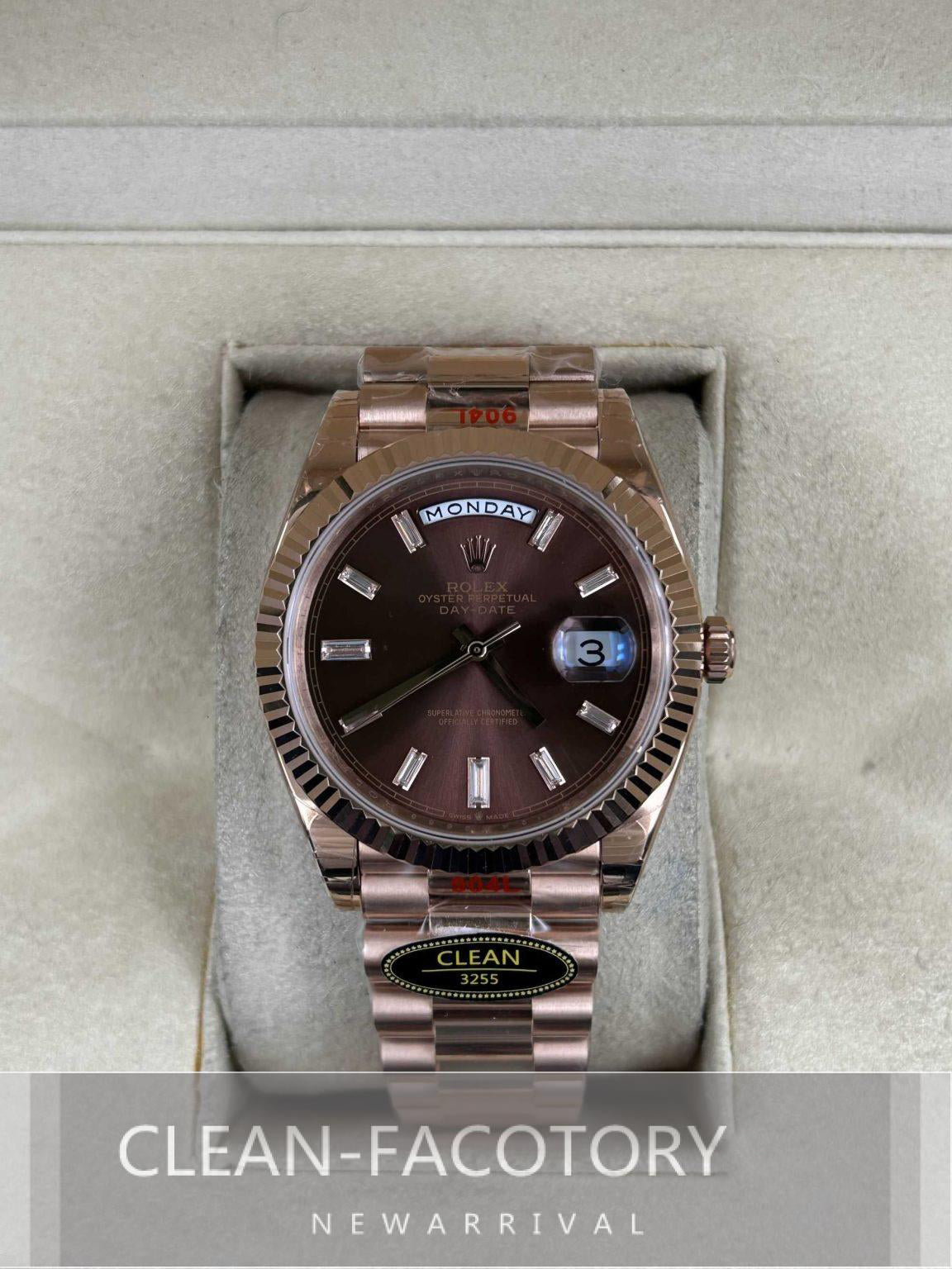 Day-Date 228235 40mm Rose Gold Chocolate Dial Baguette Diamonds President Clean Factory