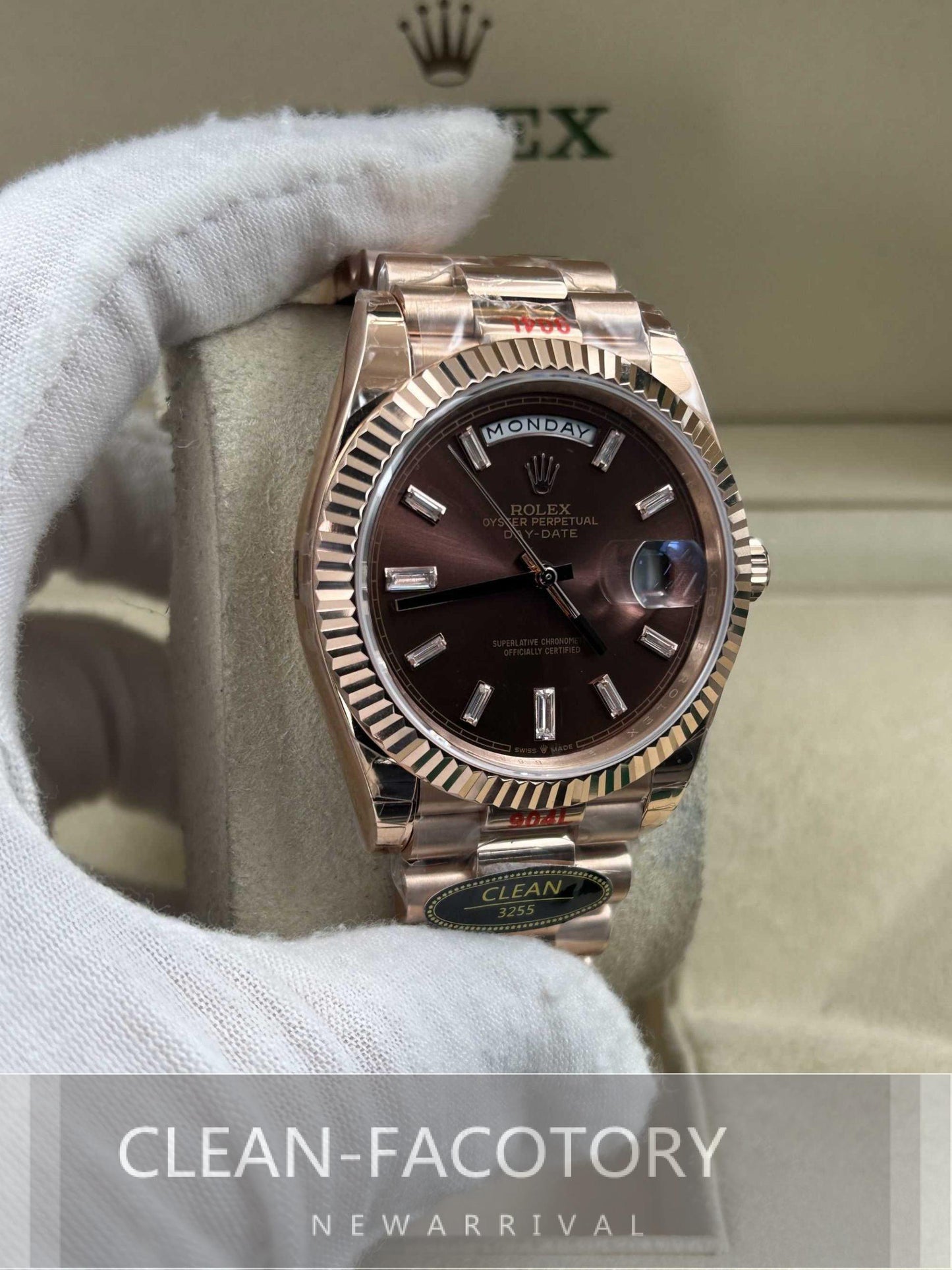 Day-Date 228235 40mm Rose Gold Chocolate Dial Baguette Diamonds President Clean Factory