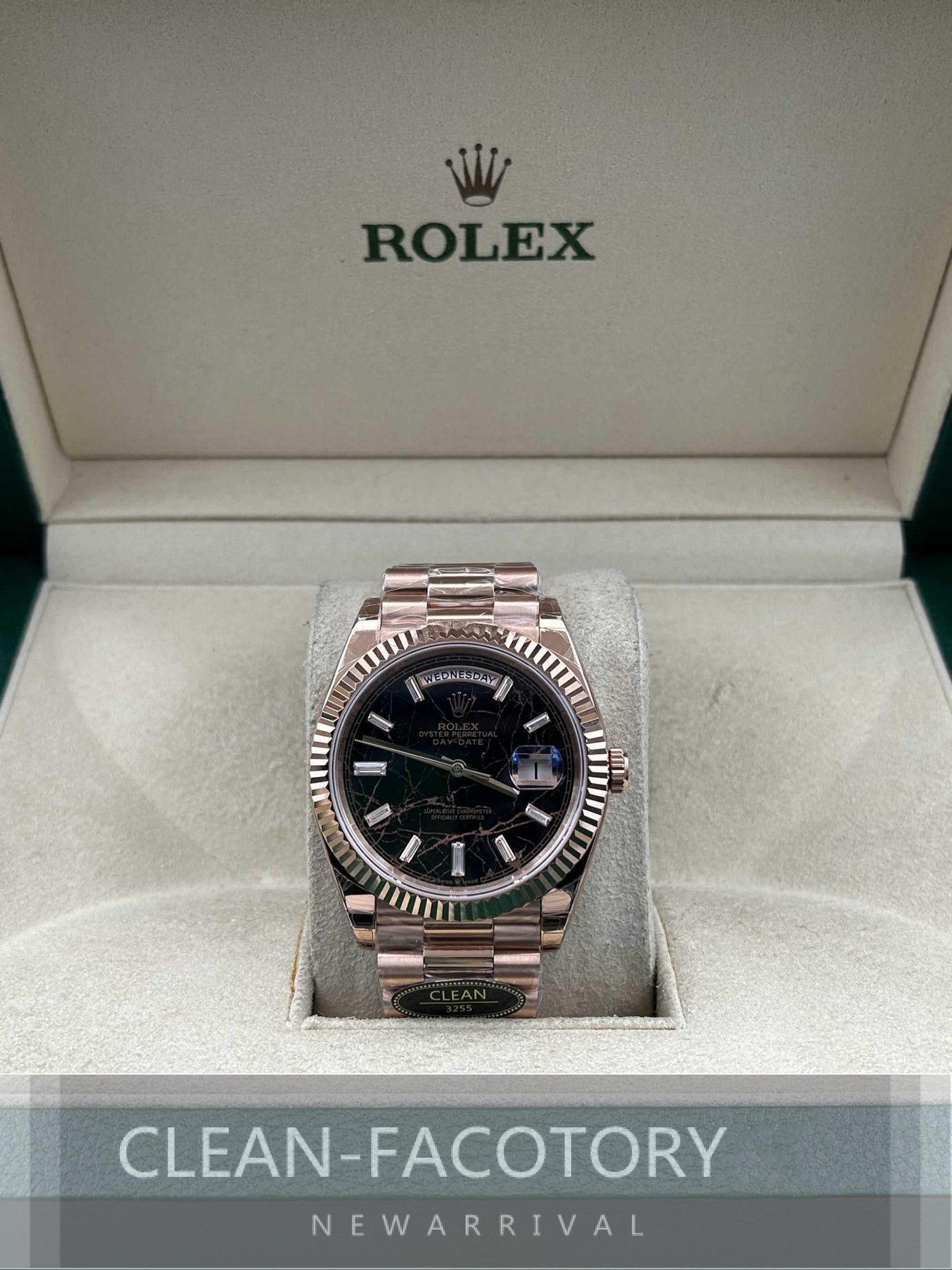 Day-Date 228235 40mm Rose Gold Eisenkiesel Dial Baguette Diamonds President Clean Factory