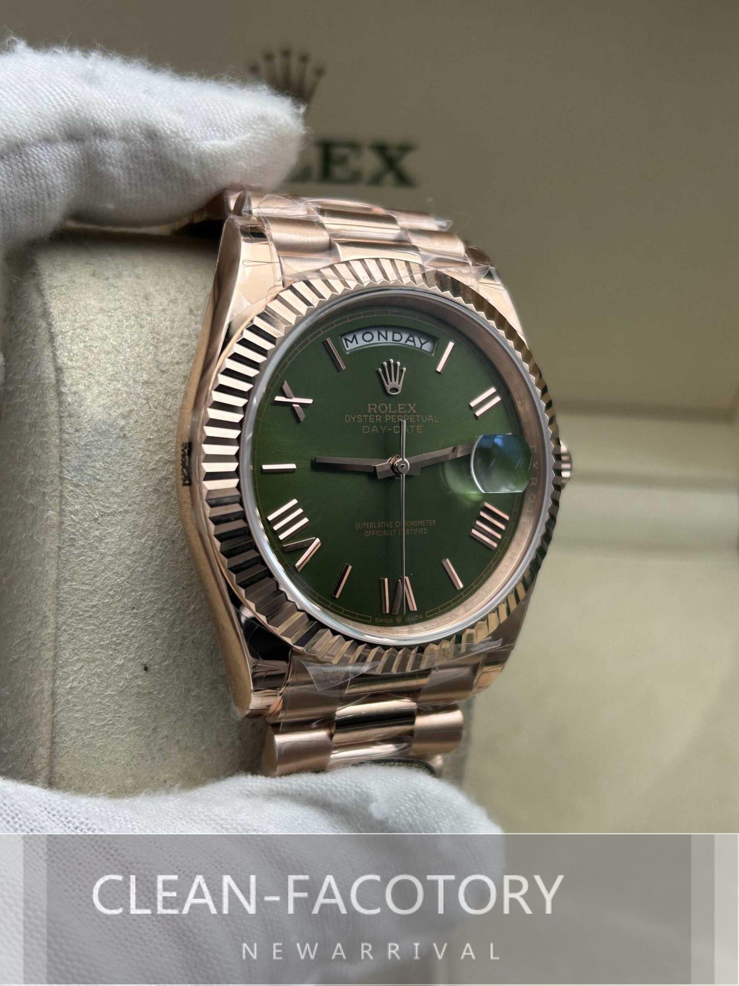 Day-Date 228235 40mm Rose Gold Olive Green Dial President Clean Factory