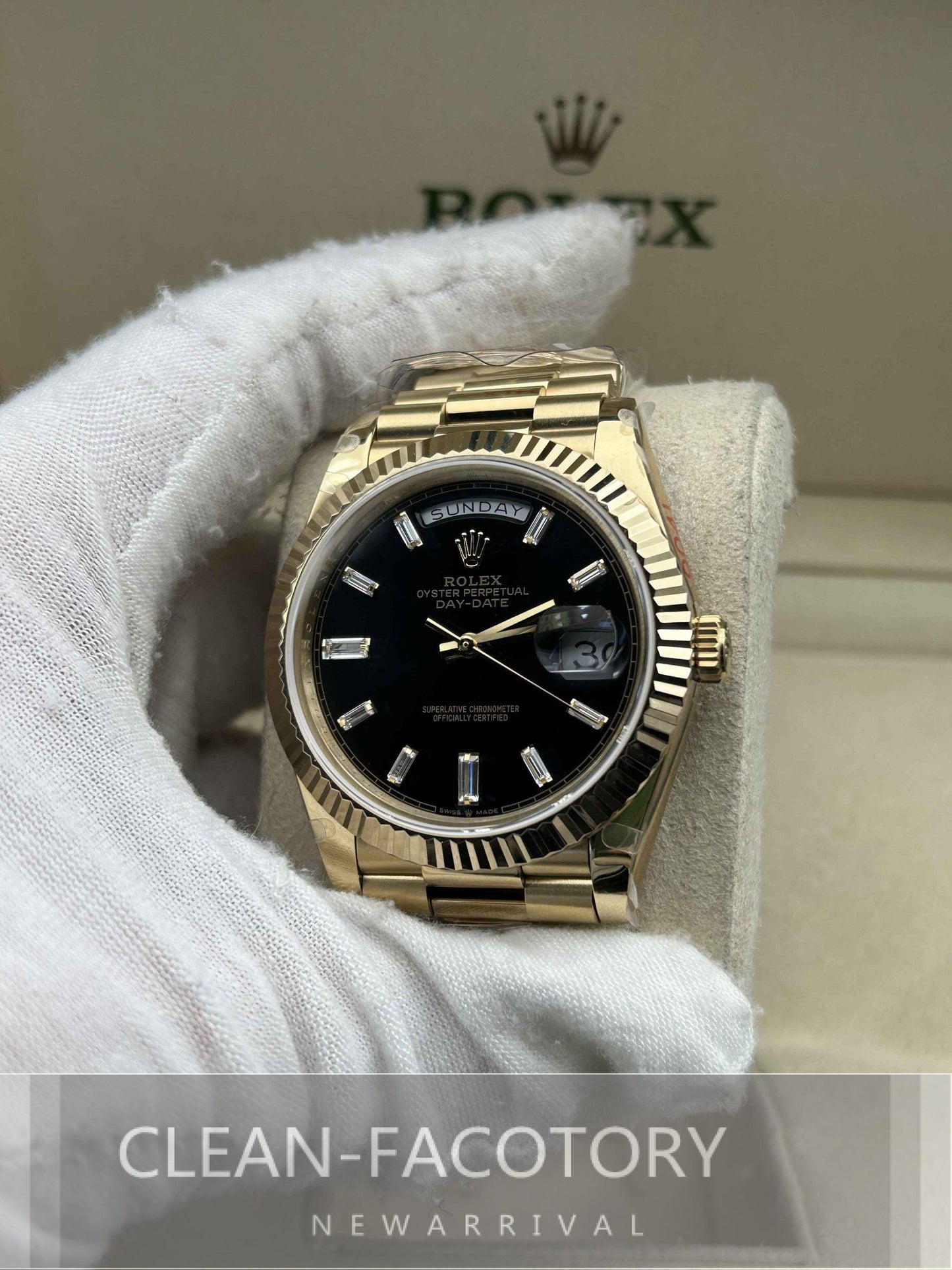 Day-Date 228238 40mm Yellow Gold Black Dial Baguette Diamonds President Clean Factory