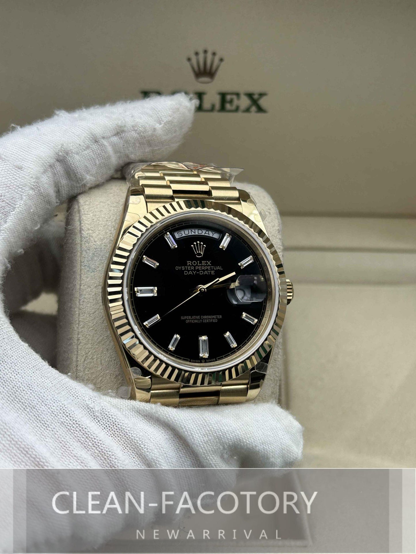 Day-Date 228238 40mm Yellow Gold Black Dial Baguette Diamonds President Clean Factory