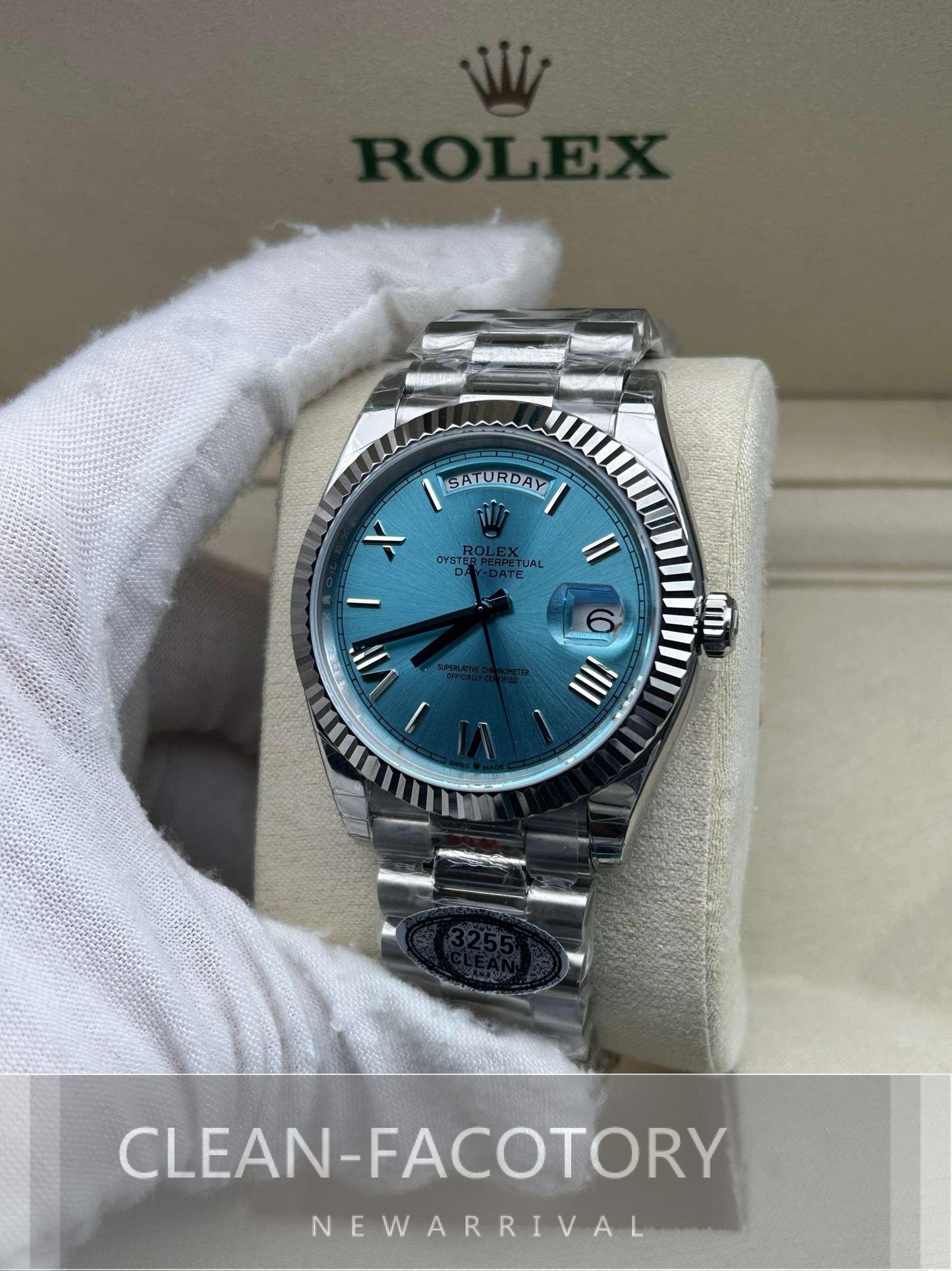 Day-Date 228239 40mm White Gold Ice Blue Dial Roman Markers President Clean Factory