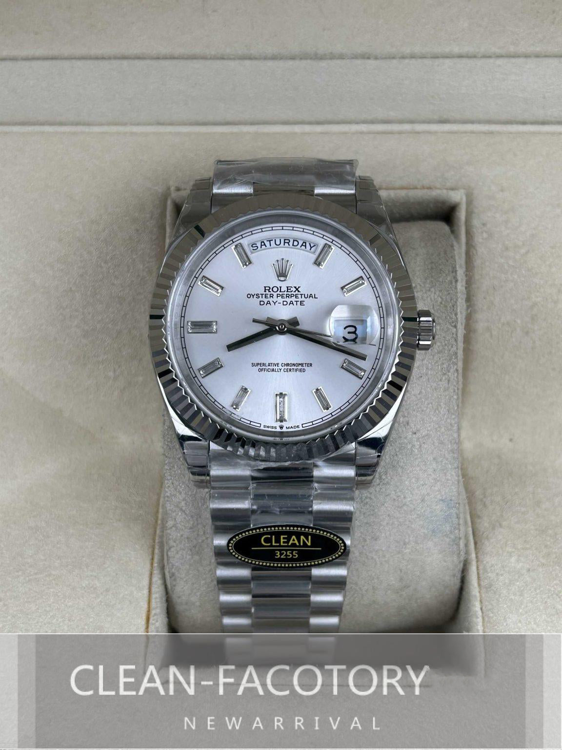 Day-Date 228239 40mm White Gold Silver Dial Baguette Diamonds President Clean Factory