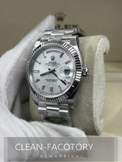 Day-Date 228239 40mm White Gold Silver Dial Baguette Diamonds President Clean Factory