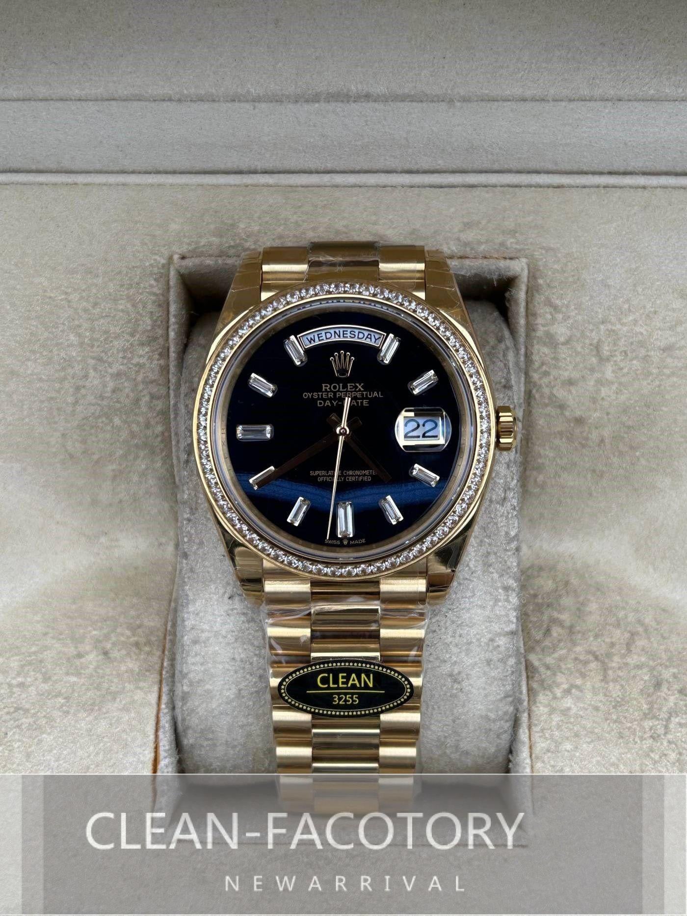 Day-Date 228348RBR 40mm Yellow Gold Black Onyx Dial Baguette Diamonds President Clean Factory