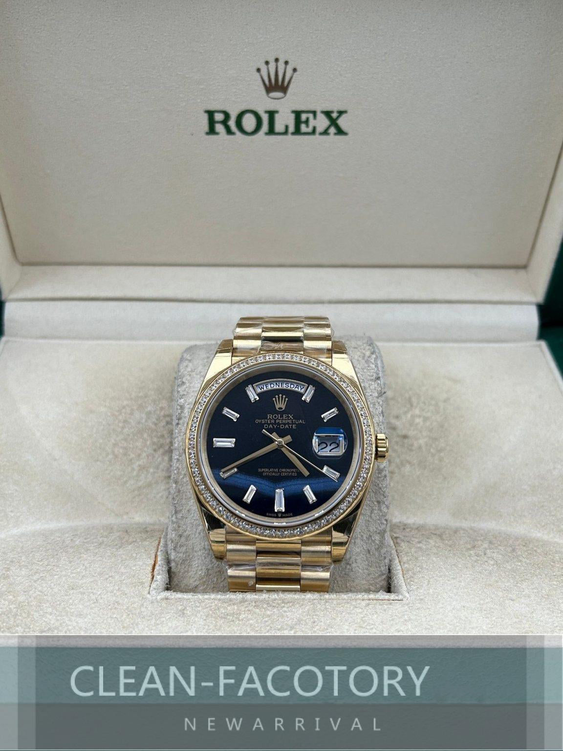 Day-Date 228348RBR 40mm Yellow Gold Black Onyx Dial Baguette Diamonds President Clean Factory