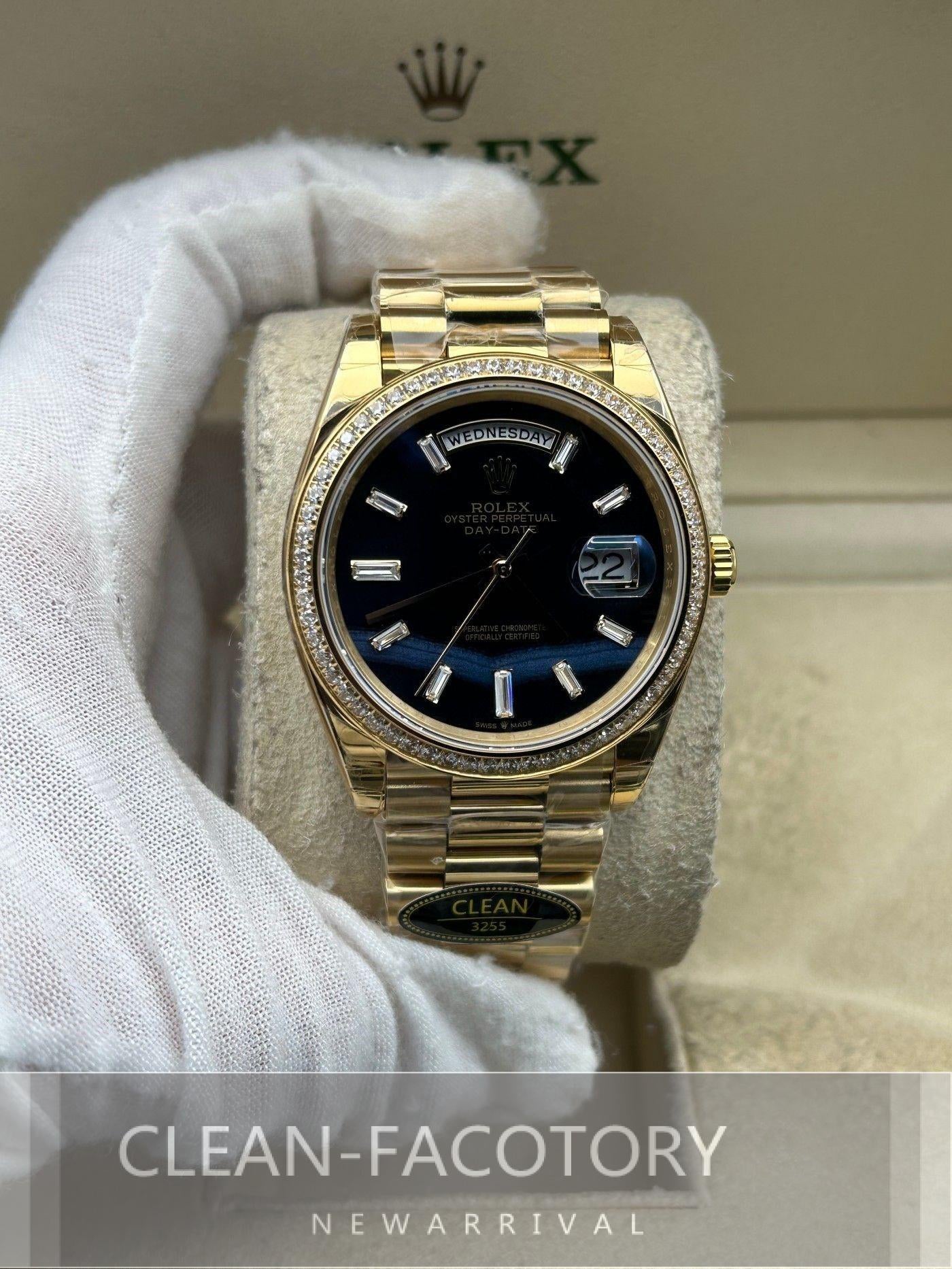 Day-Date 228348RBR 40mm Yellow Gold Black Onyx Dial Baguette Diamonds President Clean Factory