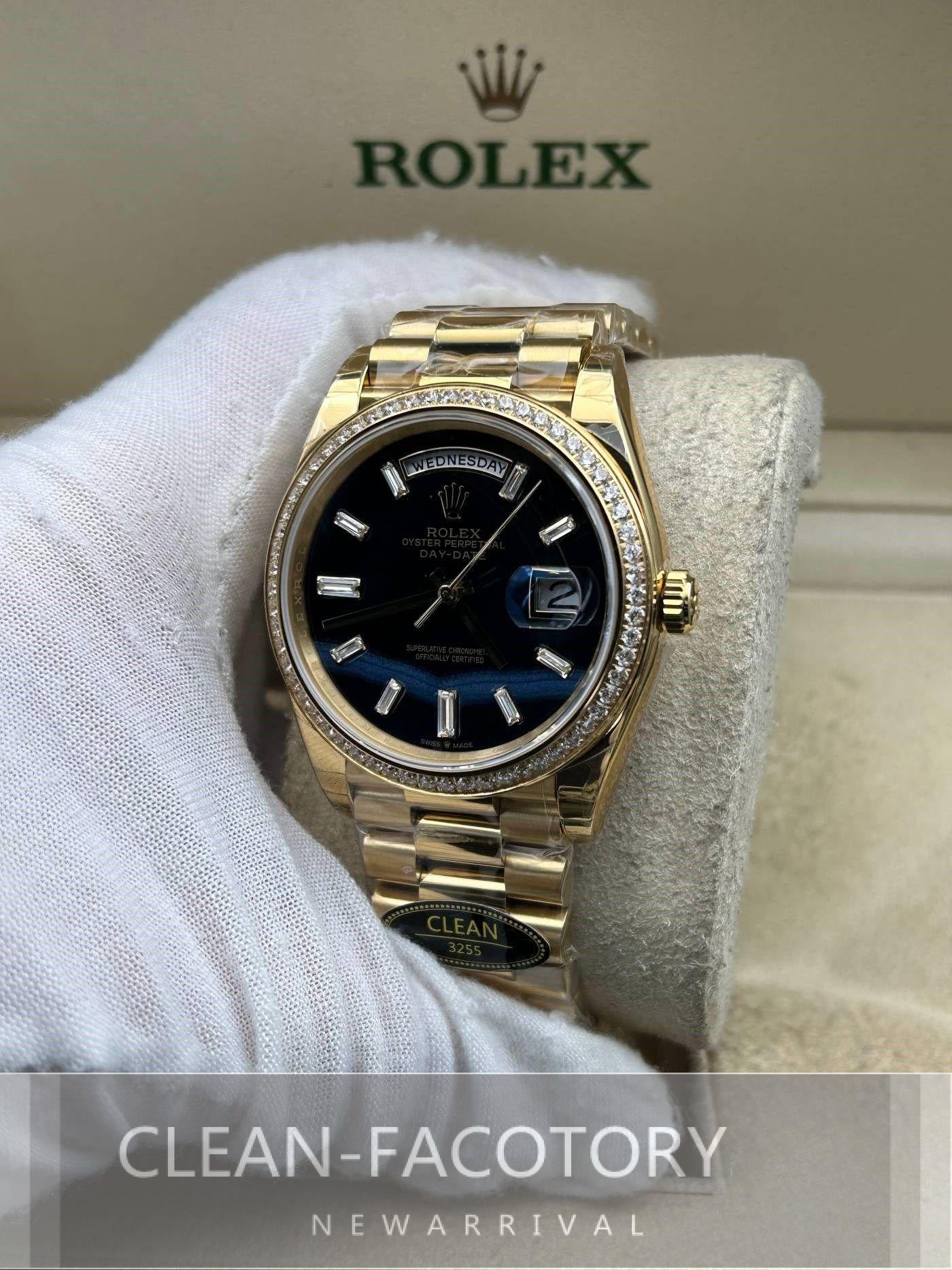 Day-Date 228348RBR 40mm Yellow Gold Black Onyx Dial Baguette Diamonds President Clean Factory