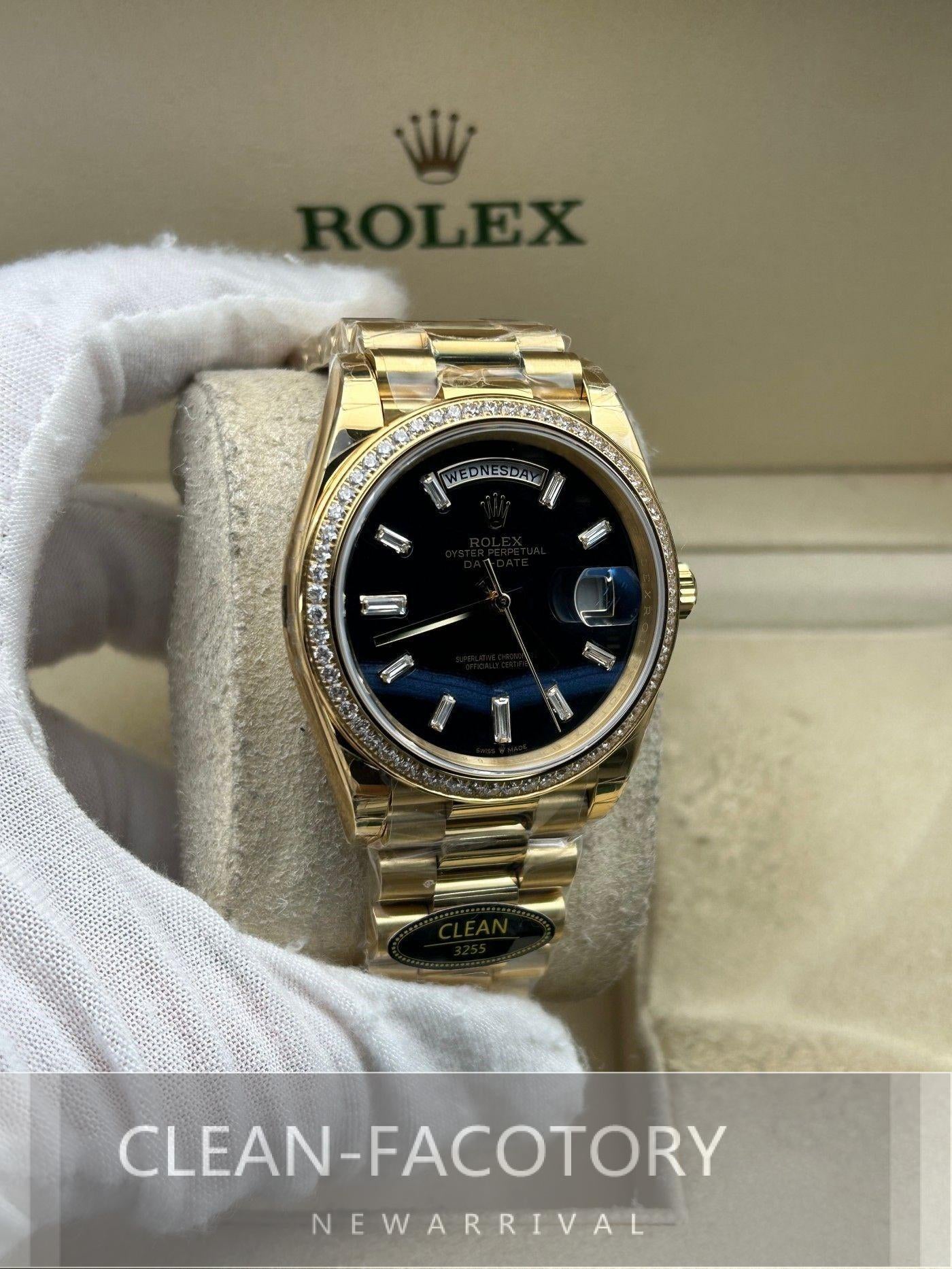 Day-Date 228348RBR 40mm Yellow Gold Black Onyx Dial Baguette Diamonds President Clean Factory